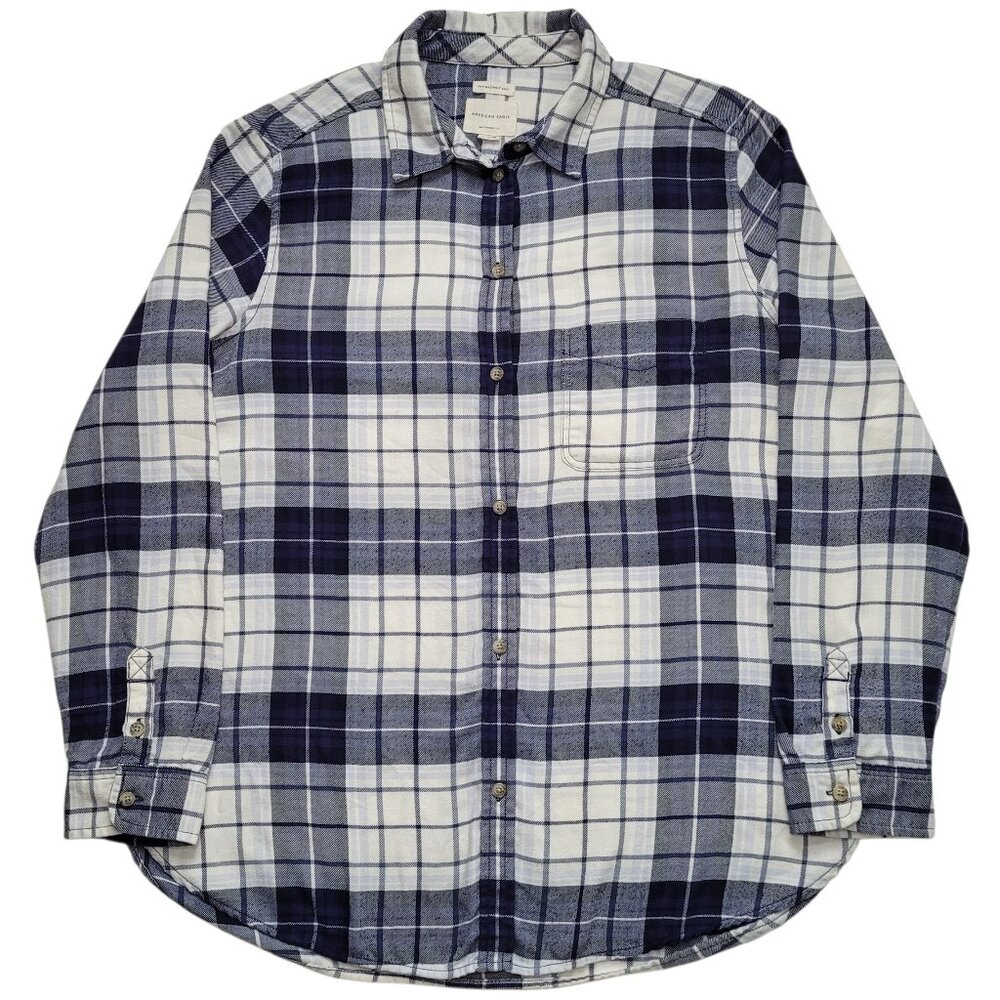 American Eagle Plaid Flannel Button-Up Shirt Blue White Boyfriend Fit XL Grunge